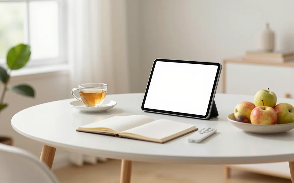 Tablet, defter, bitki çayı ve meyve kasesiyle evde kurulmuş rahat bir online görüşme köşesi
