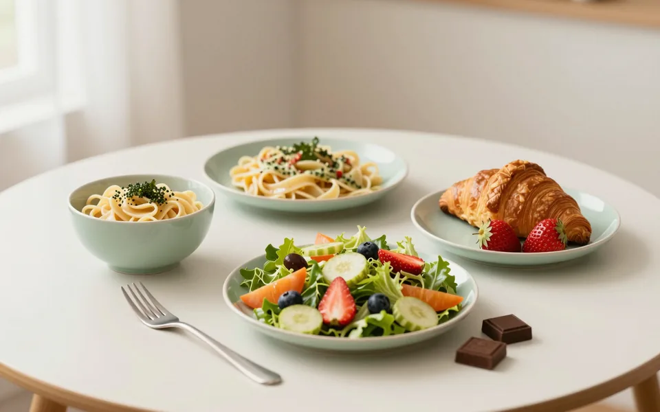 Makarna, taze salata, kruvasan, çilek ve çikolatanın birlikte yer aldığı pastel tabaklı bir sofra